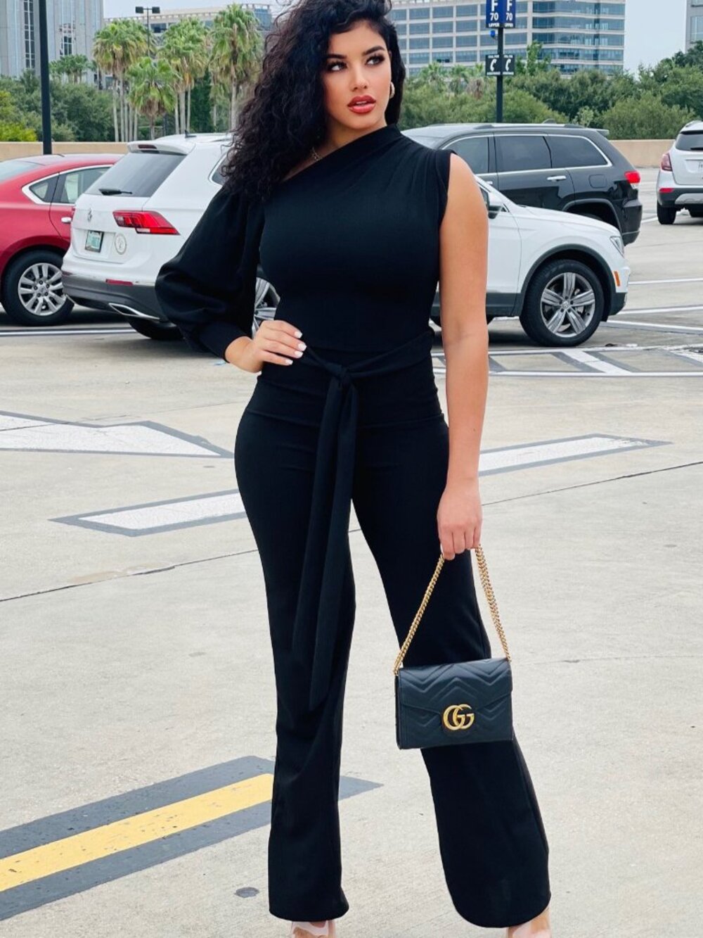 Black One Shoulder Jumpsuit Women’s Belted Wide Leg Elegant Evening Outfit S M L - Picture 2 of 4